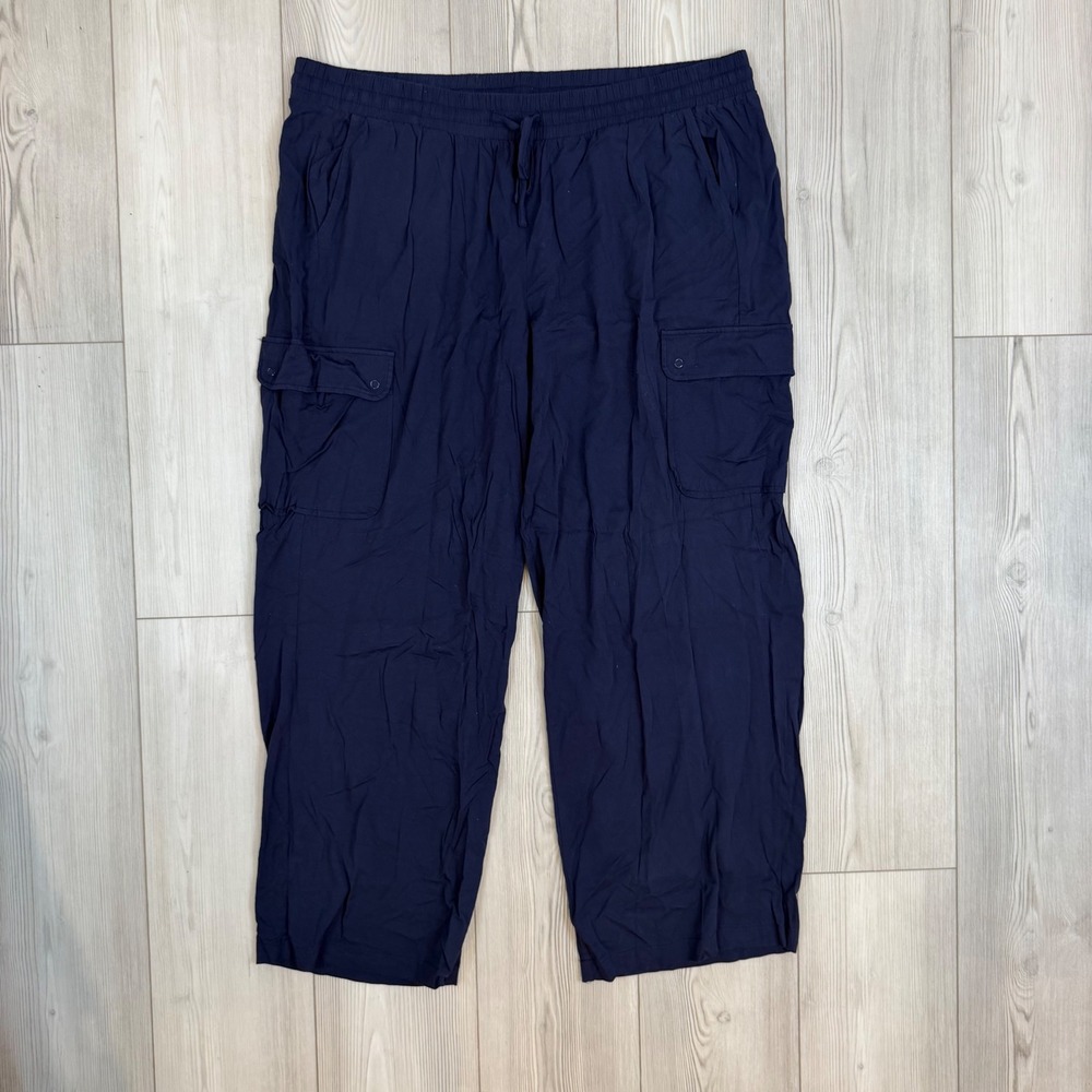 Torrid Navy Blue Rayon Blend Cargo Pants Plus 2T 2X TALL Elastic Waist Wide Leg